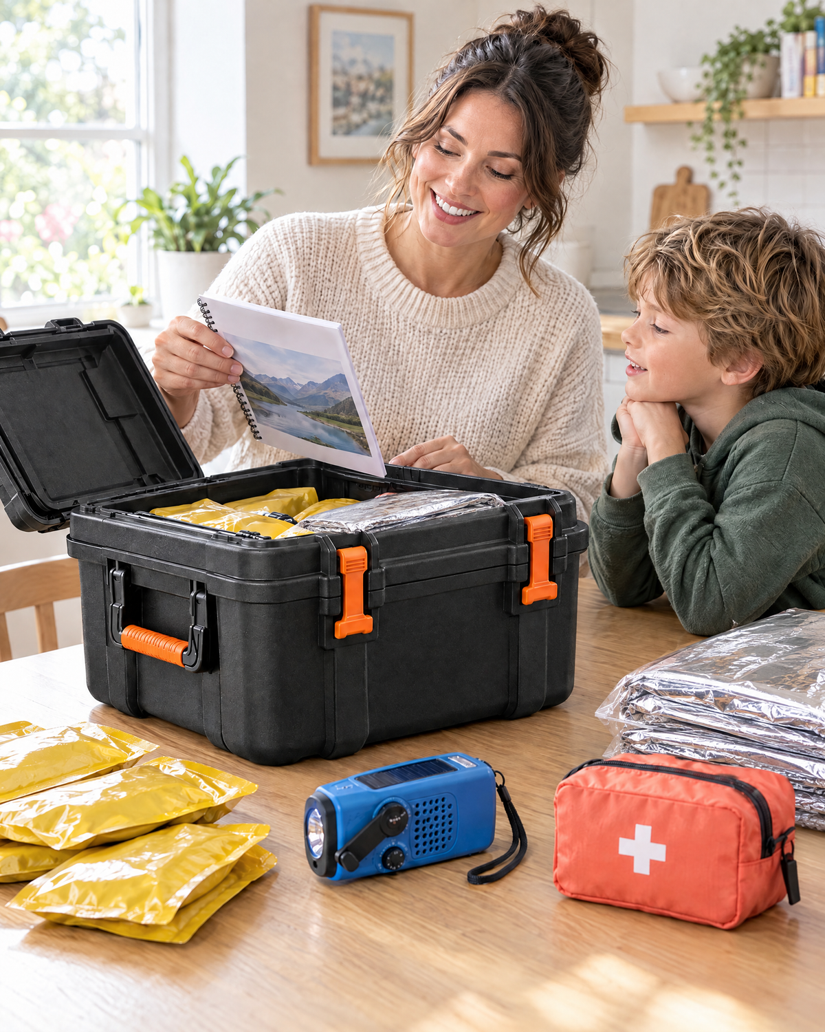 Mum and son unpacking a home emergency kit on the kitchen table