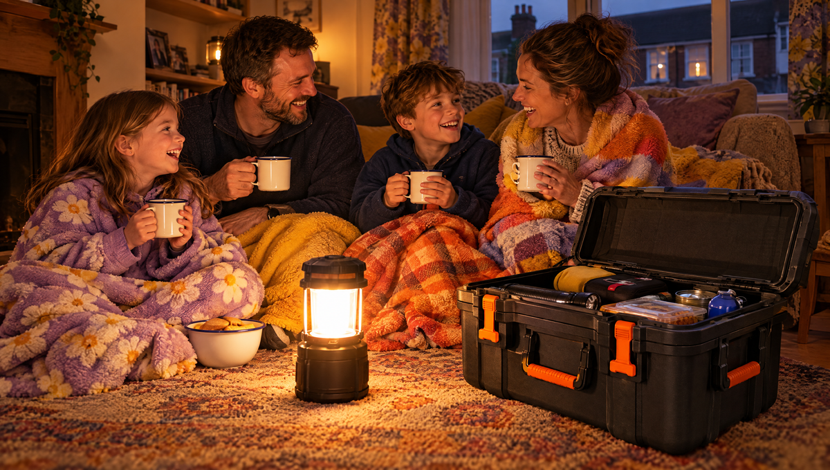 Family wrapped in blankets drinking hot drinks by lantern light during a power cut