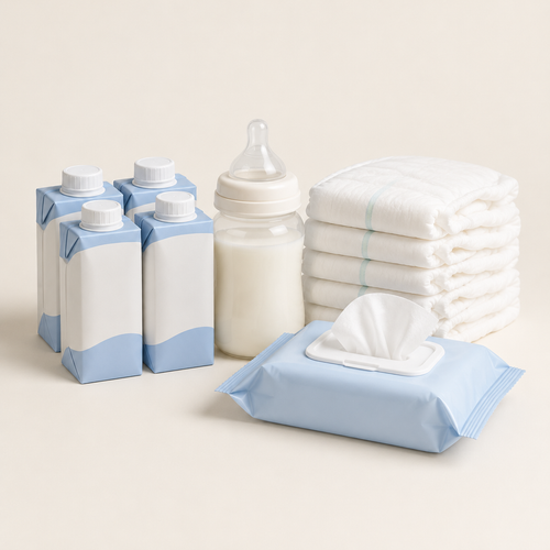 Baby pack: formula, bottle, nappies and wipes