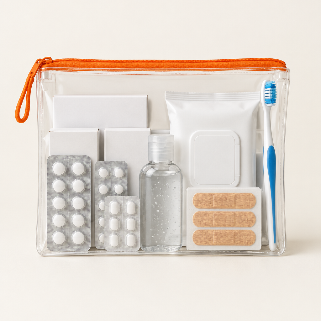 Medicines and hygiene pack in a zip pouch