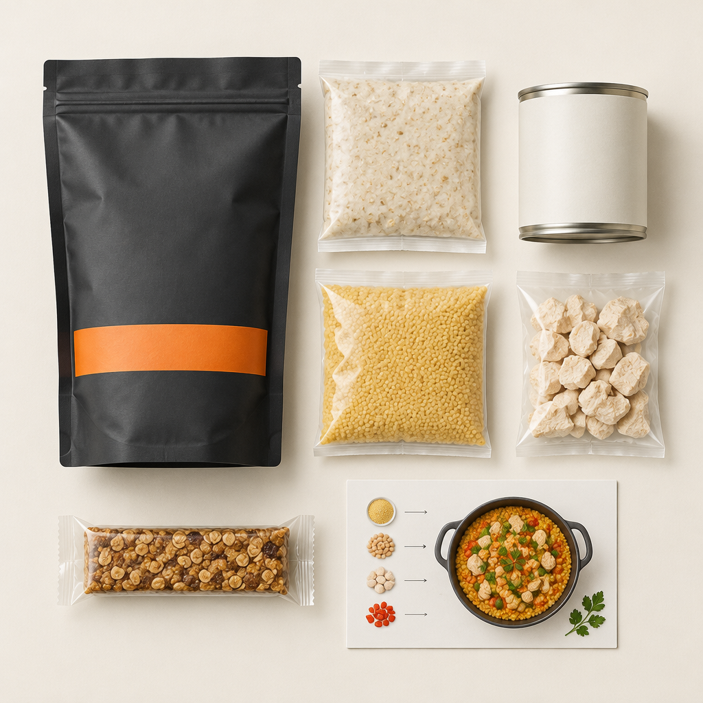 Day food pack: porridge, tinned lunch, one-pot dinner, snack and recipe card