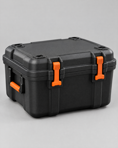 Closed Well Prepared case in charcoal with orange latches