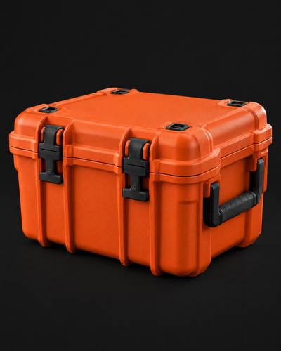 Closed Well Prepared case in hi-vis orange with black latches
