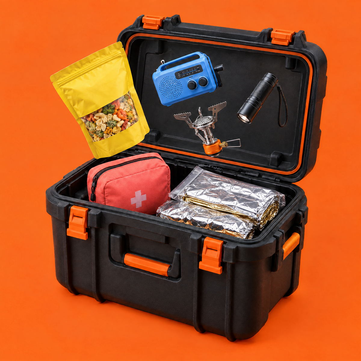 Open Well Prepared case packed with food, radio, torch, stove, first aid kit and foil emergency blankets